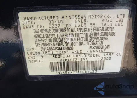 2010 Nissan Sentra 2.0Sr z USA, uszkodzony, nr VIN 3N1AB6AP3AL684630